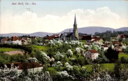 Ak Bad Hall Oberösterreich, Spitzer Kirchturm, Wohnhäuser, blühende Obstbäume, grüne Wiesen, Hüge
