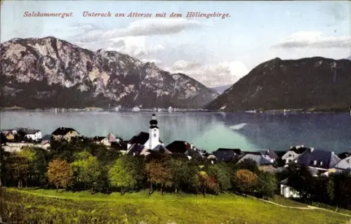 Ak Unterach am Attersee Oberösterreich, Dorf am See, Kirchturm, Seefläche, Bergkette im Hintergru