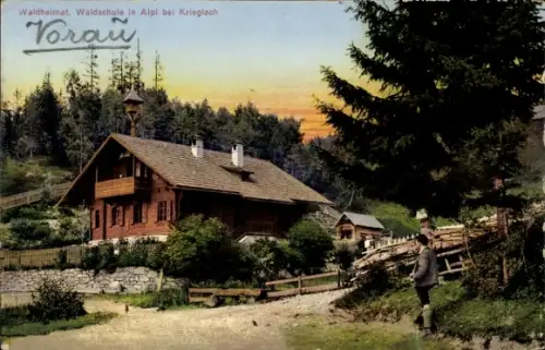 Ak Alpl Krieglach Steiermark, Holzhaus mit kleinem Turm, Wald und Weg, Zaun, stehende Person in T