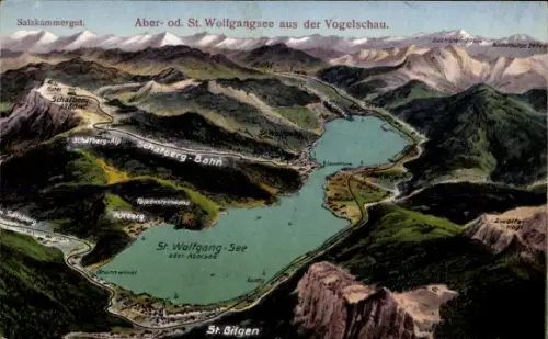 Ak St. Wolfgang am Wolfgangsee Oberösterreich, Vogelperspektive eines Sees, Berge und Gipfel besc