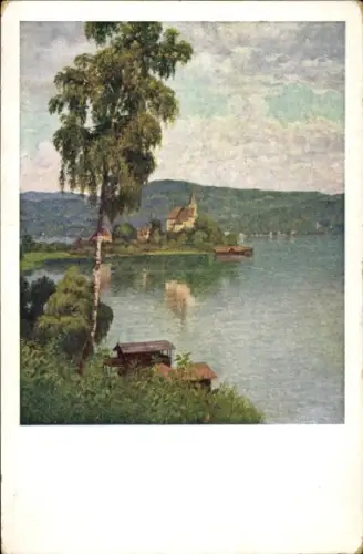 Künstler Ak Schuster, Karl, Maria Wörth am Wörthersee Kärnten, Uferpartie