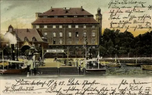 Ak Kiel in Schleswig Holstein, Blick auf das Schloss, Brücke, Boote