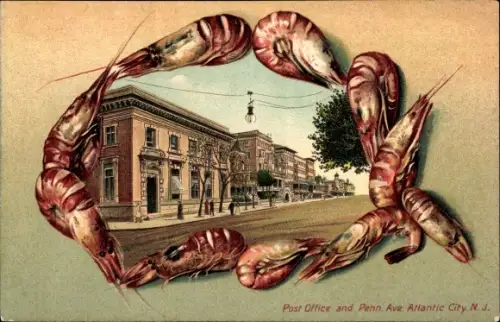Passepartout Litho Atlantic City New Jersey, Krabben, Post Office and Penn. Ave.