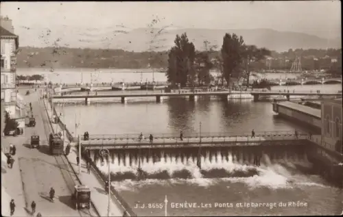 Ak Genève Genf Schweiz, Les Ponts et le barrage du Rhone