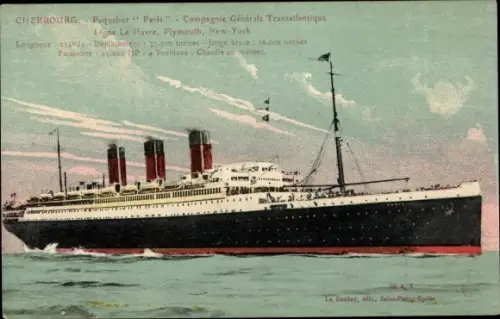 Ak Cherbourg Manche, Paquebot Paris, Companie Generale Transatlantique, Ligne de Havre