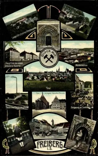 Ak Freiberg in Sachsen, Obermarkt, Infanterie Kaserne, Bergmann, Muldenhütten, Hohe Esse Halsbrücke