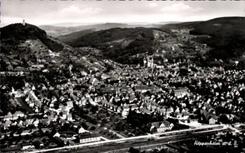 Ak Heppenheim an der Bergstraße, Heppenheim a. d. B., Panorama, Bahnhof, Starkenburg