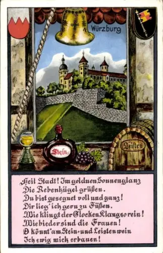 Künstler Ak Würzburg am Main Unterfranken, Stein und Leistenwein, Glocke, Wappen