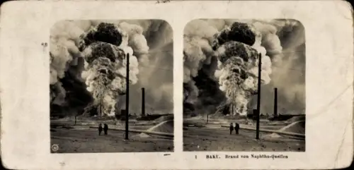 Stereo Foto Baku Aserbaidschan, Brand von Naphtha-Quellen