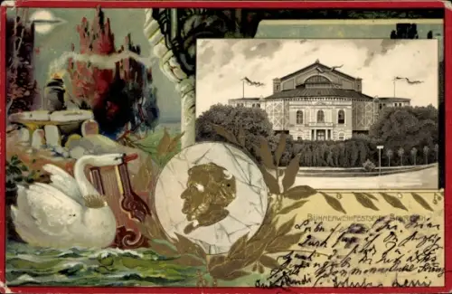 Präge Passepartout Litho Bayreuth in Oberfranken, Bühnenweihfestspiel, Wagner, Schwan