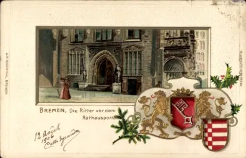 Präge Wappen Litho Hansestadt Bremen, Ritter vor dem Rathausportal