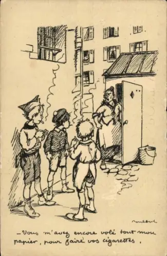 Künstler Ak Poulbot, F., Rauchende Kinder, Toilette