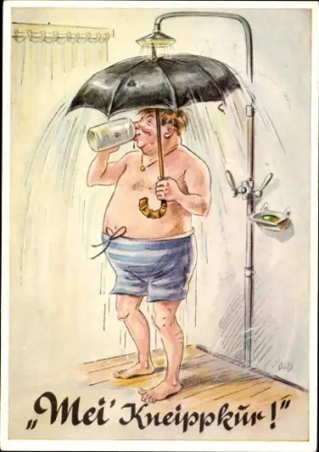Künstler Ak Mei Kneippkur, Betrunkener mit Regenschirm unter der Dusche, Lengauer Karte