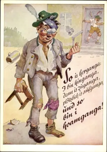 Ak Verprügelter Mann, So ist herganga, I bin hinganga...