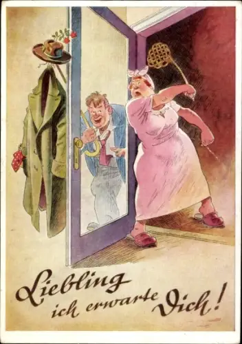 Ak Liebling, ich erwarte Dich, Wütende Frau