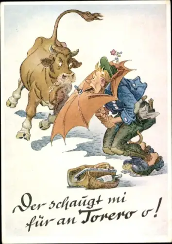Ak Stier greift einen Mann an, Der schaugt mit für an Torero o