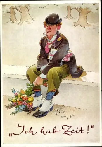 Ak Mann wartet auf seine Geliebte, Ich hab Zeit, Blumen, Zigaretten