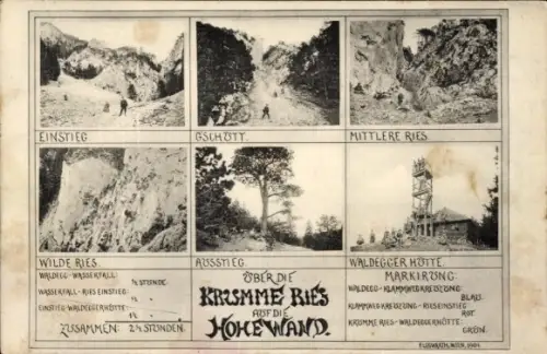 Ak Hohe Wand Niederösterreich, Felsklüfte, enge Schlucht, steiler Pfad mit Personen, Wasserfall, 