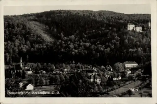 Ak Seebenstein in Niederösterreich, Kirchturm, Häuser im Tal, Waldbedeckter Hang, Schloss auf Anh