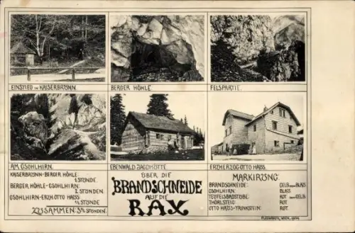 Ak Bergmassiv Rax Niederösterreich, Mehrfeldige -Bildtafel, Höhle, Felsformation, Wanderweg, Holz