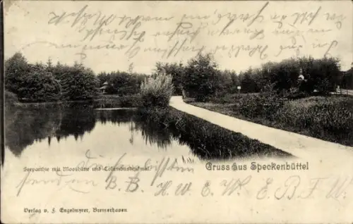 Ak Speckenbüttel Lehe Bremerhaven, Seeparthie mit Mooshütte, Columbusdenkmal,  Verlag S. Engelmye