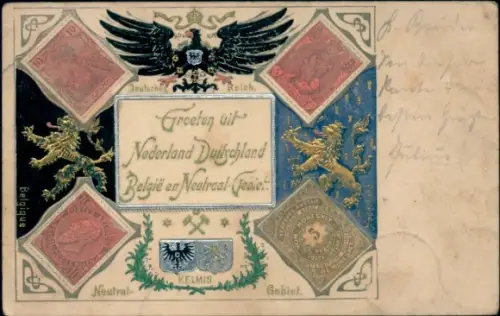 Präge Briefmarken Ak Deutschland, Belgien, Niederlande, Neutrale Gebiete