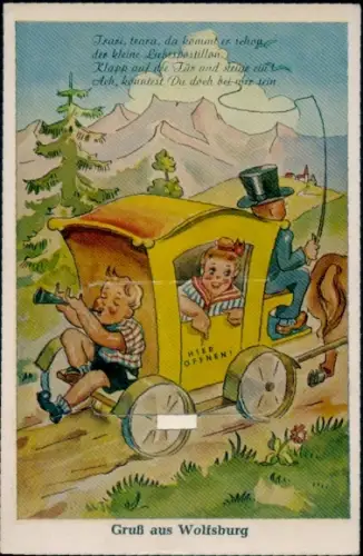 Ak Wolfsburg in Niedersachsen, Kutsche, Kinder, Gebirge