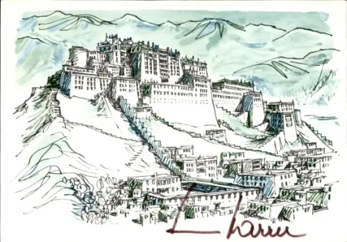 Ak Postala in Lhasa, Heinrich Harrer stellt aus, Sieben Jahre in Tibet