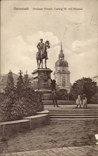 Ak Darmstadt in Hessen, Denkmal Großherzog Ludwig IV., Reiterstandbild, Museum