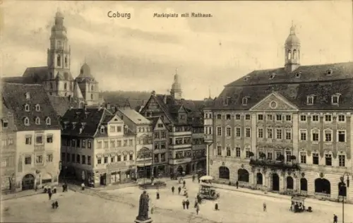 Ak Coburg in Oberfranken,  Marktplatz, Rathaus, Denkmal auf dem Marktplatz