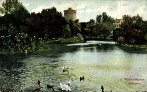 Ak Wilhelmshaven in Niedersachsen, Partie im Park mit Wasserturm