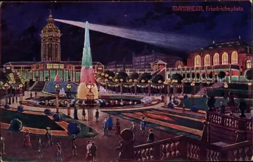Künstler Ak Mannheim in Baden Württemberg, Friedrichsplatz bei Nacht, Jubiläumsausstellung 1907
