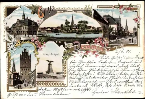 Litho Demmin in Vorpommern, Kriegerdenkmal, Rathaus, Louisentor