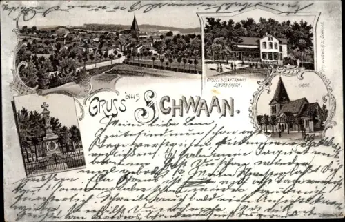 Litho Schwaan in Mecklenburg, Kirche, Kriegerdenkmal, Gesellschaftshaus Lindenbruch