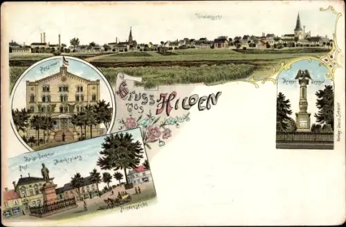 Litho Hilden im Rheinland, Pensionat, Kriegerdenkmal, Friedenseiche, Marktplatz