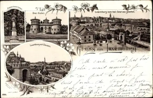 Litho Luxemburg, Blick vom heil. Geist aus, Clausen, Drei Eichel, Denkmal