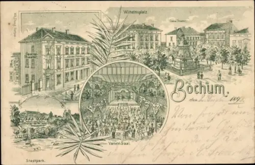 Litho Bochum im Ruhrgebiet, Wilhelmsplatz, Stadtpark, Varieté Saal, Central Theater