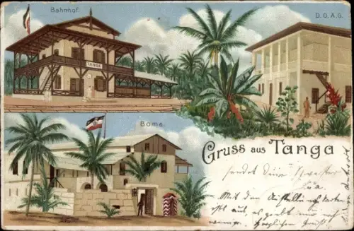 Litho Tanga Tansania, Deutsch Ostafrika, Bahnhof, Boma, DOAG