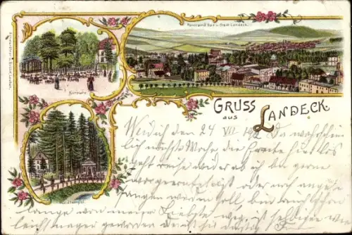 Litho Lądek Zdrój Bad Landeck Schlesien, Kurplatz, Waldtempel, Panorama