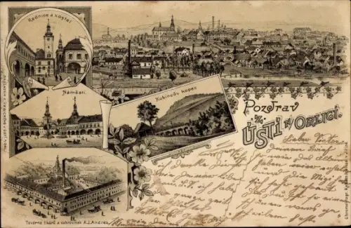 Litho Ústí nad Orlicí Wildenschwert Region Pardubice, Rathaus, Totalansicht, Marktplatz