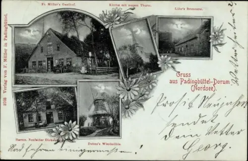 Ak Padingbüttel Wurster Nordseeküste, Müllers Gasthof, Kirche, Lührs Brennerei, Windmühle
