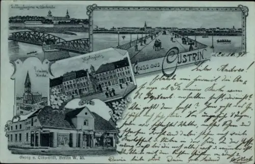 Mondschein Ak Kostrzyn nad Odrą Cüstrin Küstrin Ostbrandenburg, Schlosskaserne, Marktplatz, Brücke