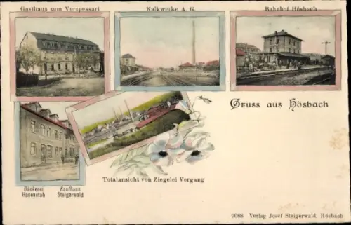 Ak Hösbach Unterfranken, Gasthaus zum Vorspessart, Kalkwerke, Bahnhof, Bäckerei Hasenstab, Ziegelei