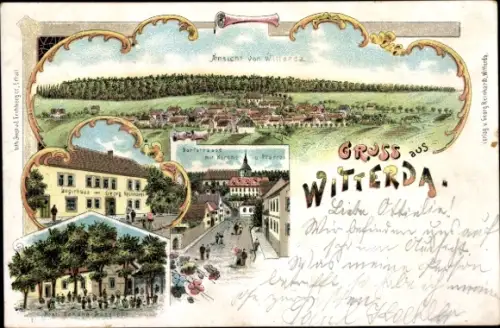 Litho Witterda in Thüringen, Dorfstraße, Kirche, Pfarre, Gasthaus