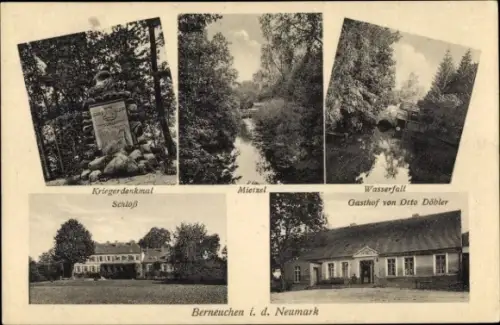 Ak Barnówko Berneuchen in der Neumark Ostbrandenburg, Gasthof, Wasserfall, Schloss