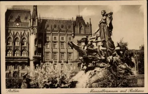 Ganzsachen Ak Szczecin Stettin Pommern, Manzelbrunnen, Rathaus