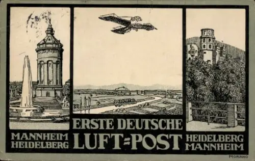 Künstler Ak Morano, Erste deutsche Luftpost, Mannheim-Heidelberg, Heidelberg-Mannheim