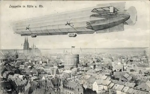 Ak Köln am Rhein, Zeppelin über der Stadt