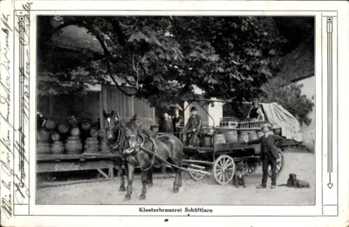 Ak Schäftlarn Oberbayern, Klosterbrauerei, Fuhrwerk, Bierfässer