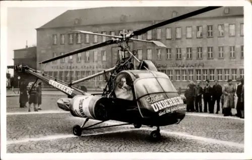 Ak Fliegende Underberg Flasche, Helikopter, Pilot Sepp Bauer, Reklame